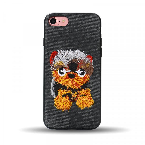 Wholesale iPhone 8 Plus / 7 Plus Design Cloth Stitch Hybrid Case (Black Dog)